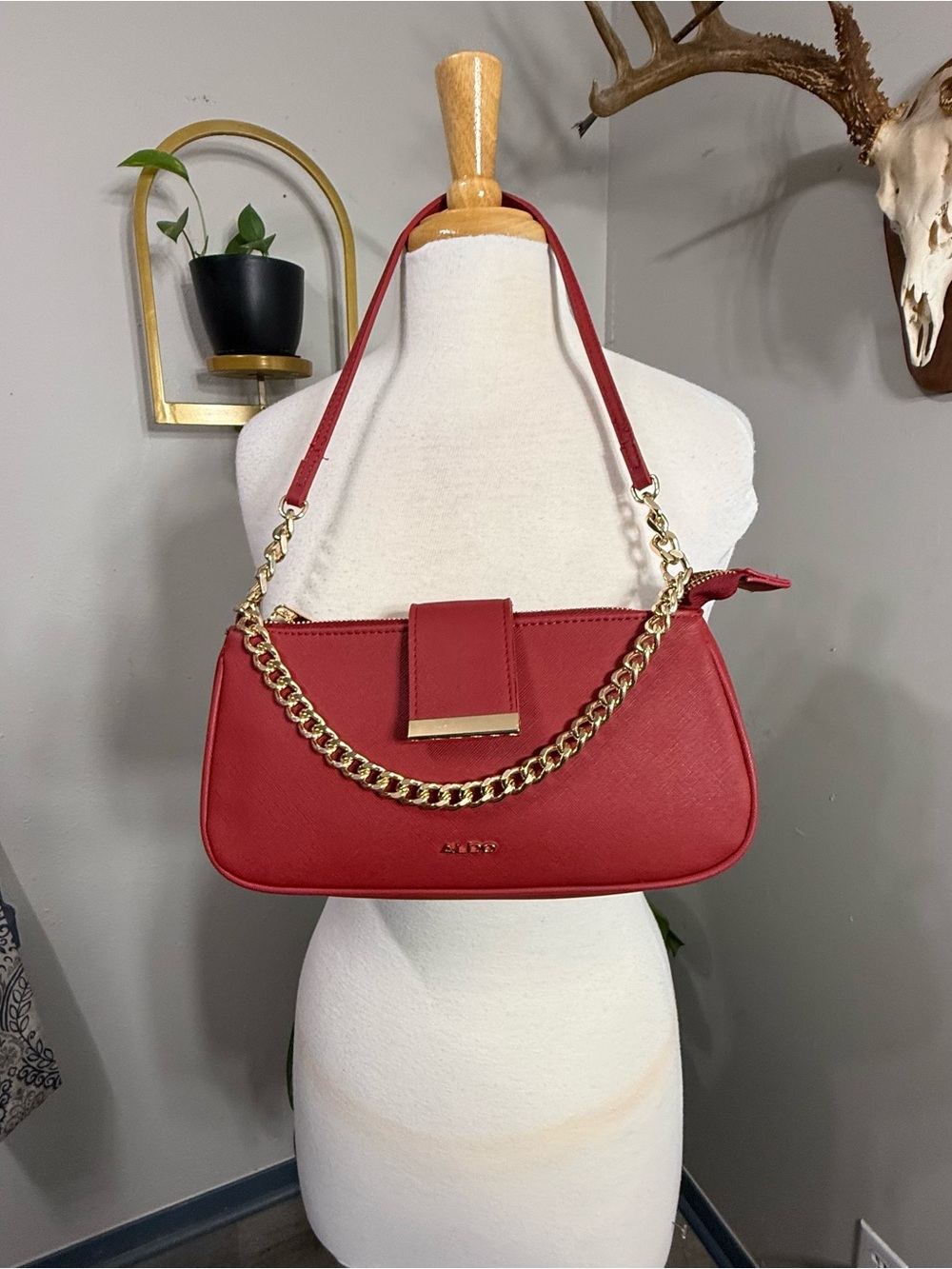 ALDO Red Shoulder Bag Gold Chain Faux Leather Zip Top Handbag Purse